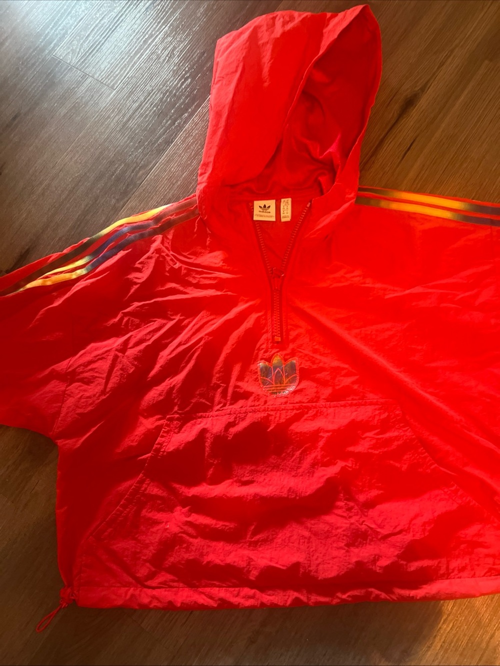 adidas Red Hooded Windbreaker with Rainbow Shoulder Stripes